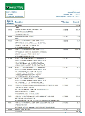 Download Burkina Faso Bank of Africa bank statement excel Photoshop template